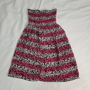 Y2K Strapless Smocked Leopard Skull Mini Dress Pink Black White Animal Print S/M